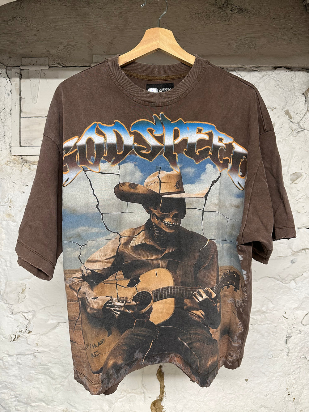 Godspeed Skeleton Guitar Brown T-Shirt Sz S