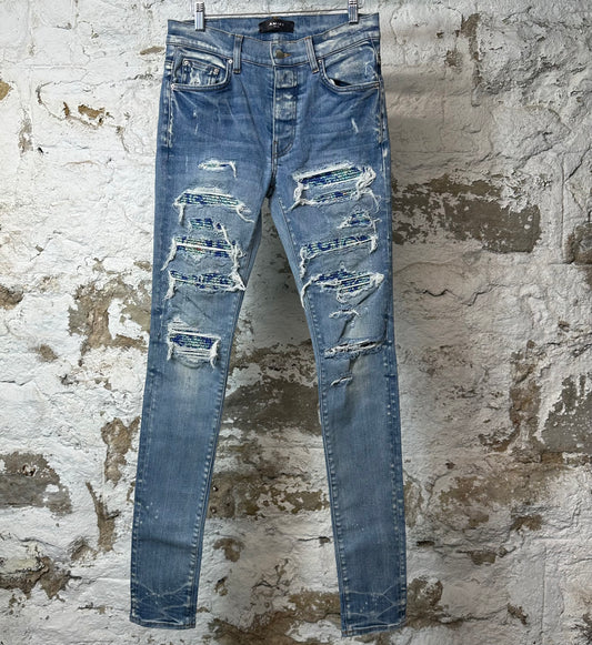 Amiri MX1 Indigo Paisley Blue Denim Jeans Sz 29