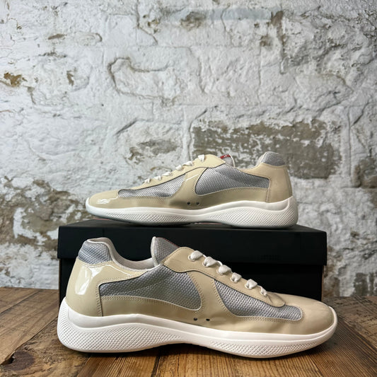 Prada Americas Cup Beige Patent Grey White Sneaker Sz 14