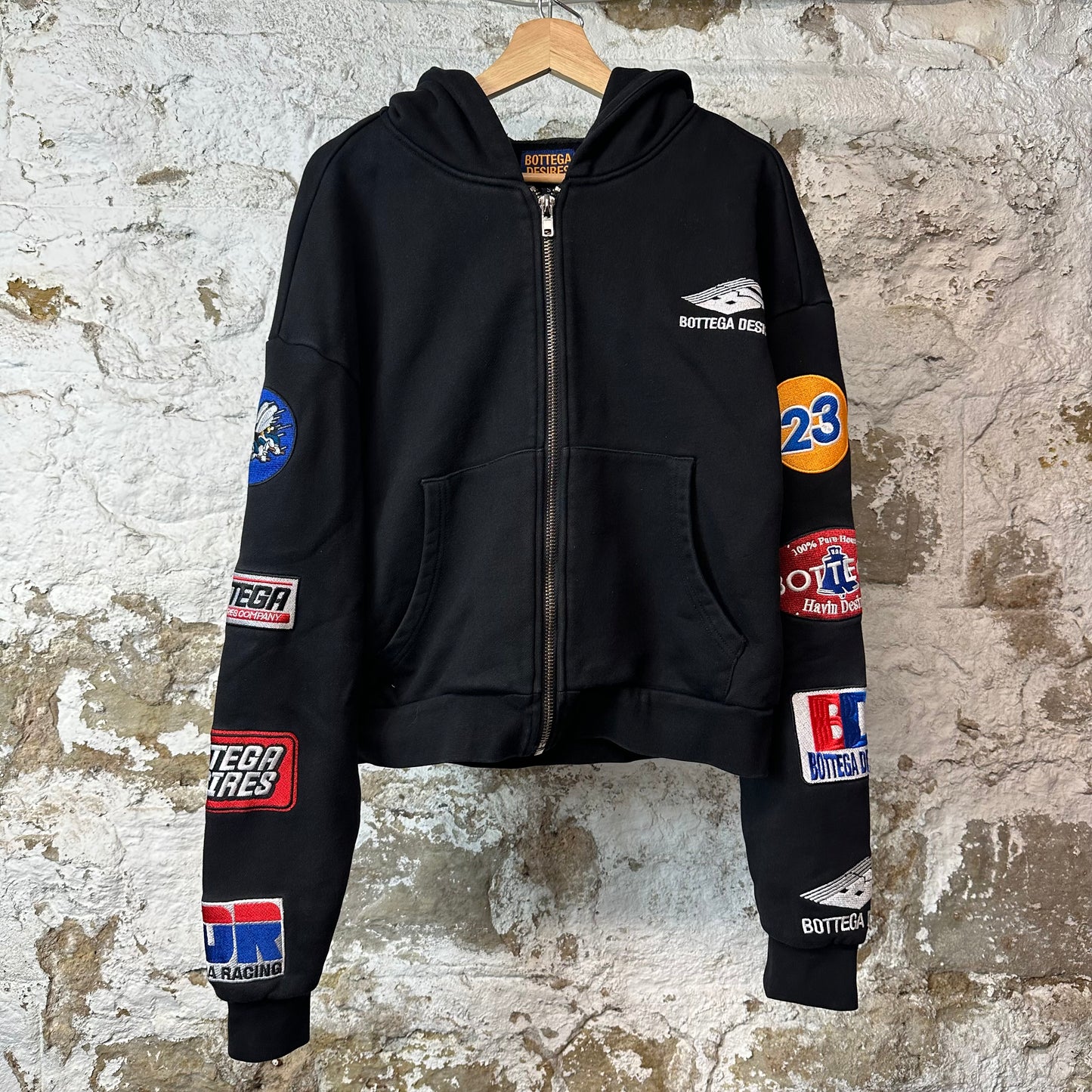Bottega Desires Sleeve Logos Black Zip Up Hoodie Sz S