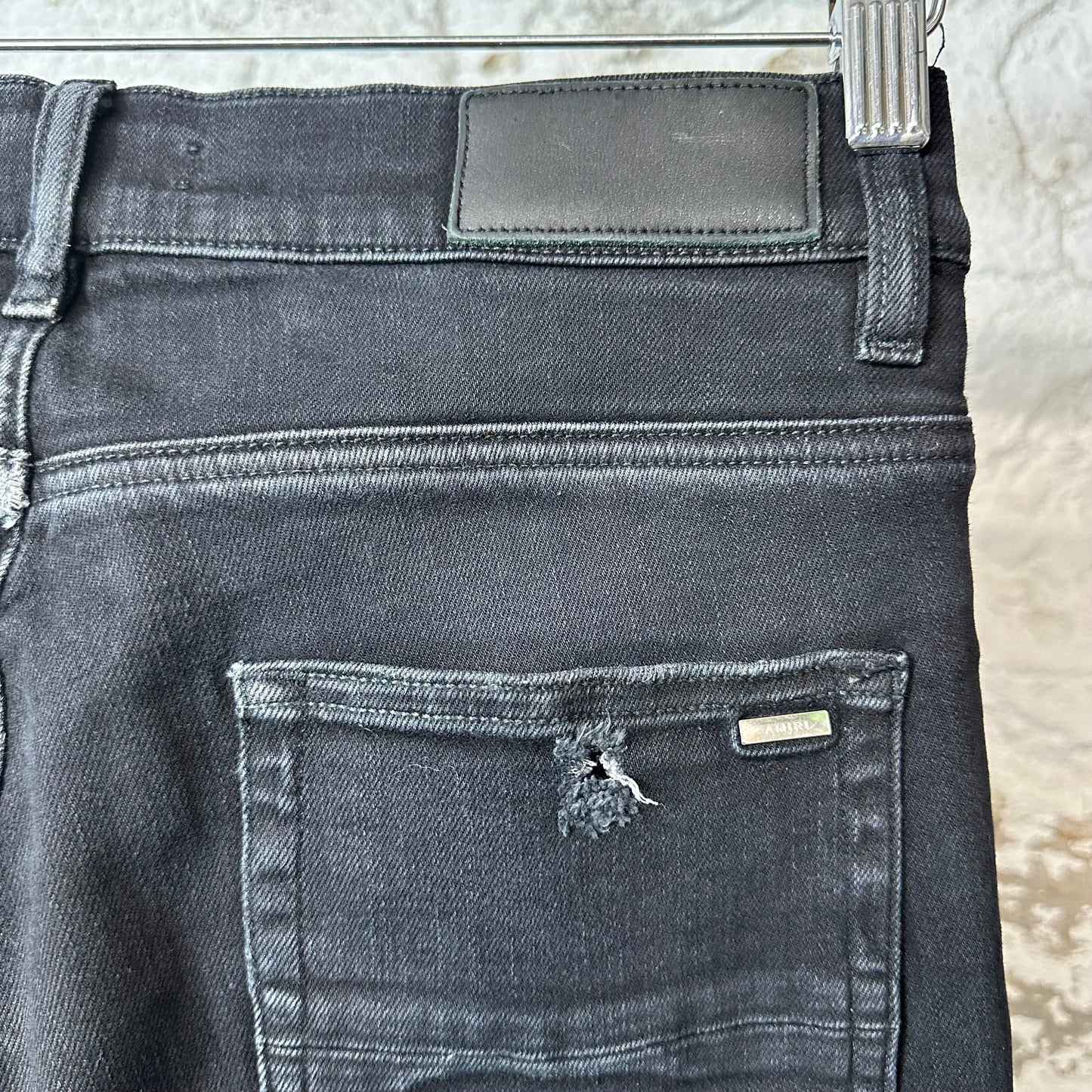 Amiri MX1 Black Leather Black Waxed Denim Jeans Sz 30