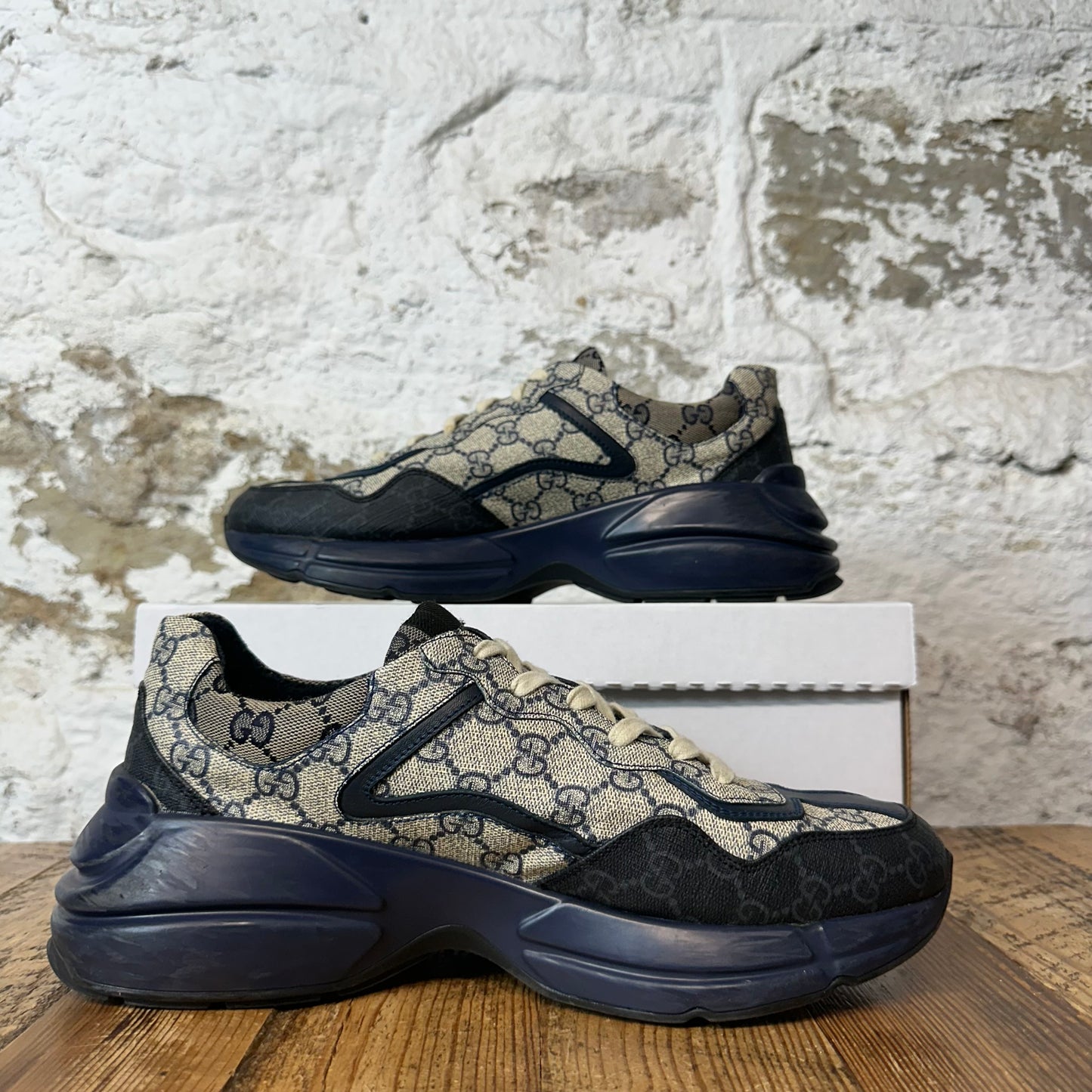 Gucci Rython Blue Monogram Navy Sneaker Sz 9.5