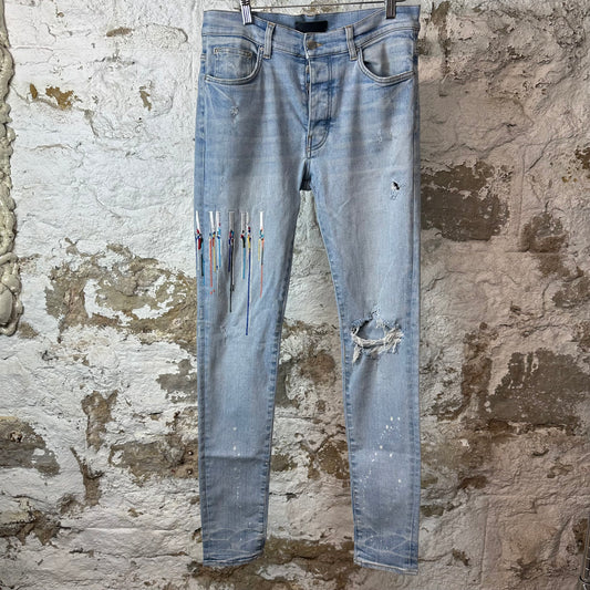 Amiri Knee Hole Paint Drip Spell Blue Denim Jeans Sz 32