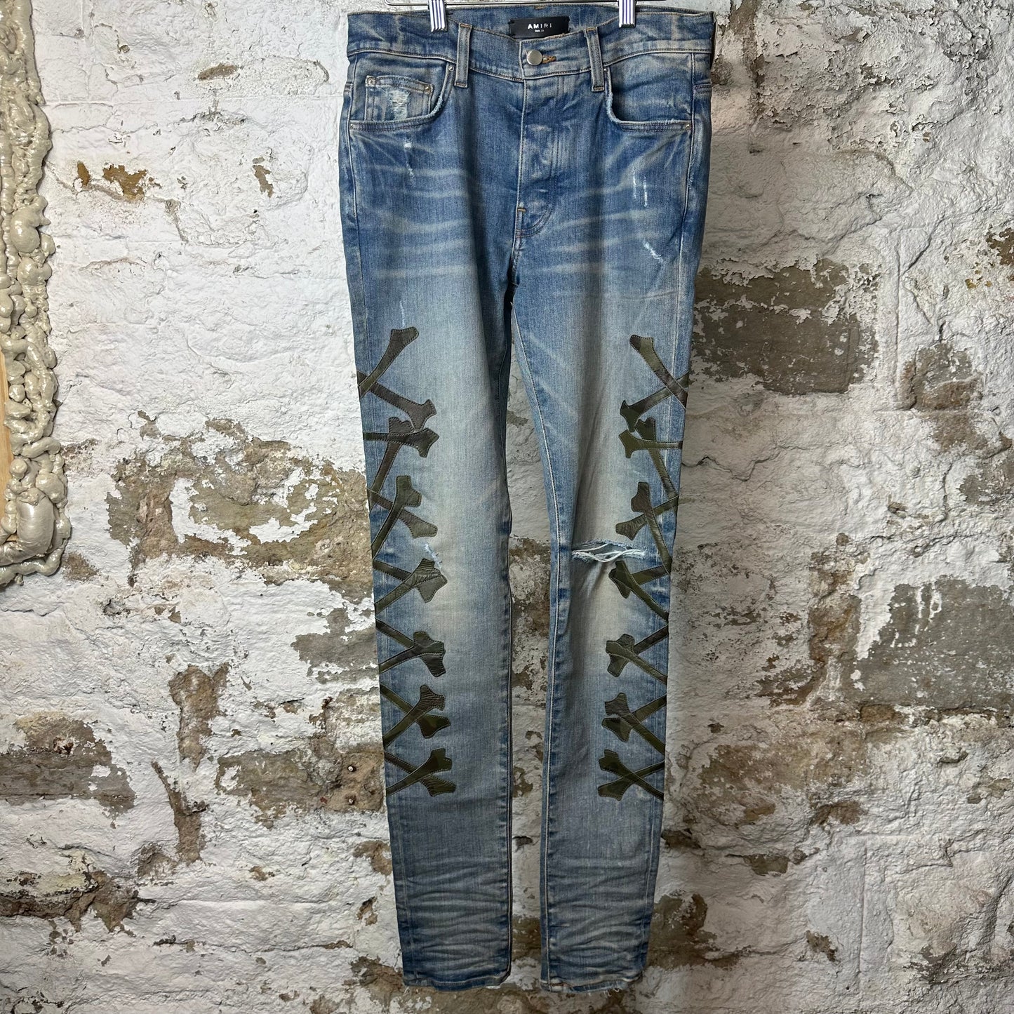 Amiri Green Camo Bones Blue Denim Jeans Sz 31