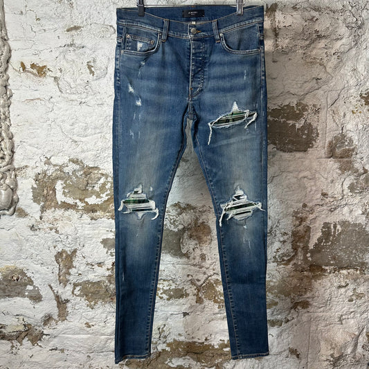 Amiri MX1 Green Plaid Flannel Dark Blue Denim Jeans Sz 32