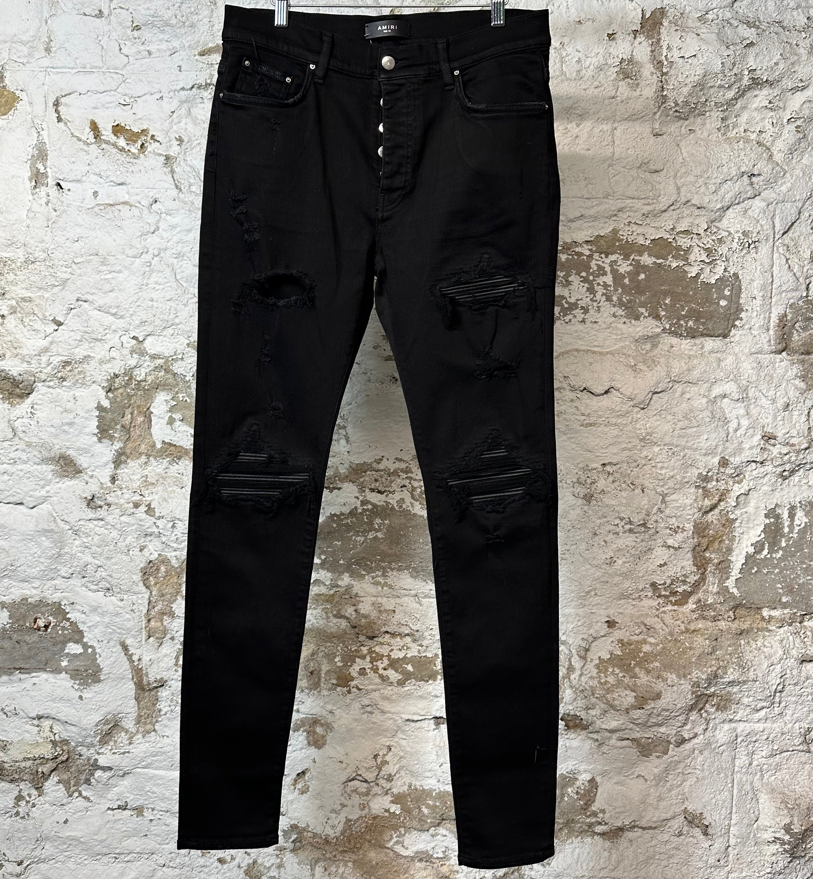 Amiri MX1 Black Leather Black Denim Jeans Sz 33