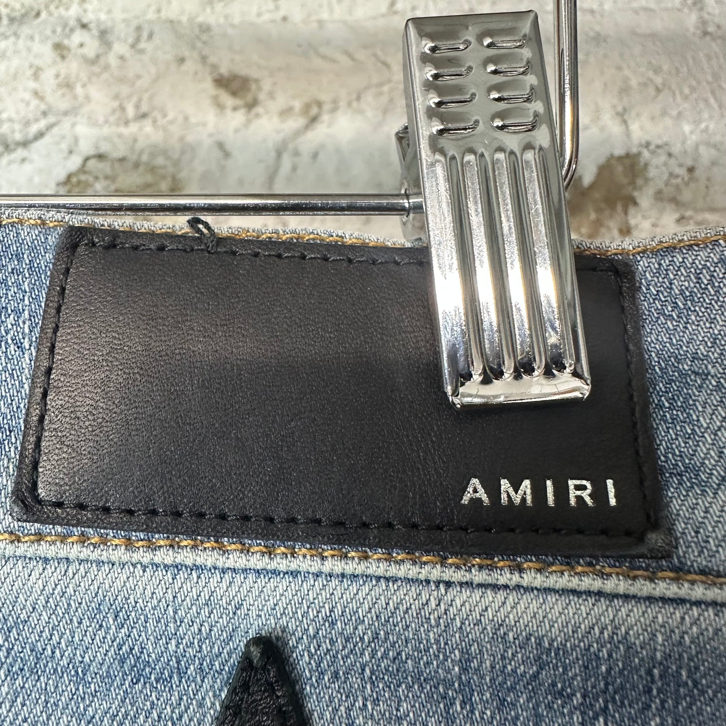Amiri Black Leather Star Chemist Blue Denim Jeans Sz 31