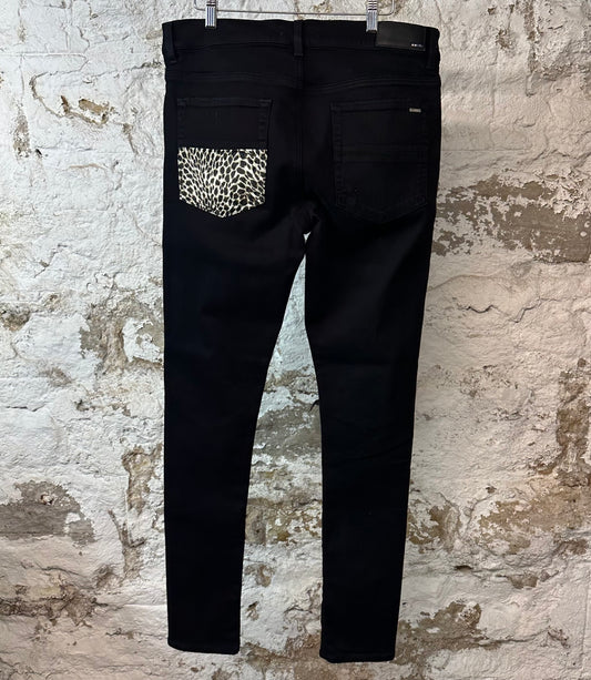 Amiri MX1 Cheetah Print Black Denim Jeans Sz 33