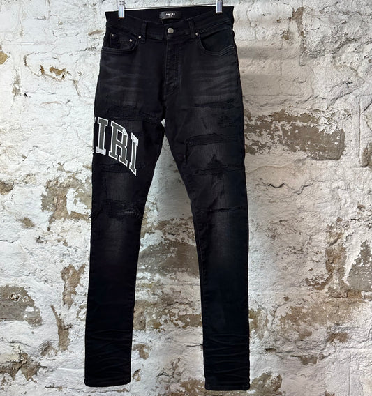 Amiri Varsity Logo Distressed Black Denim Jeans Sz 28