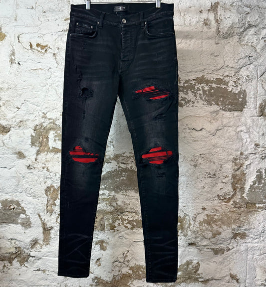 Amiri MX1 Red Suede Black Denim Jeans Sz 32