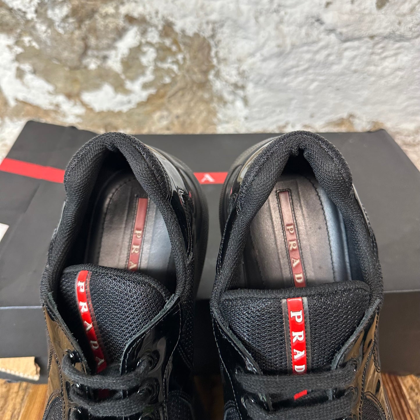 Prada Americas Cup Triple Black Patent Sneaker Sz 8