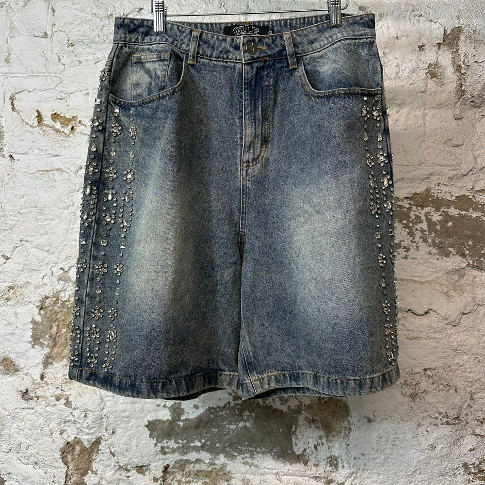 Vale Side Rhinestone Blue Denim Jean Shorts Sz 30