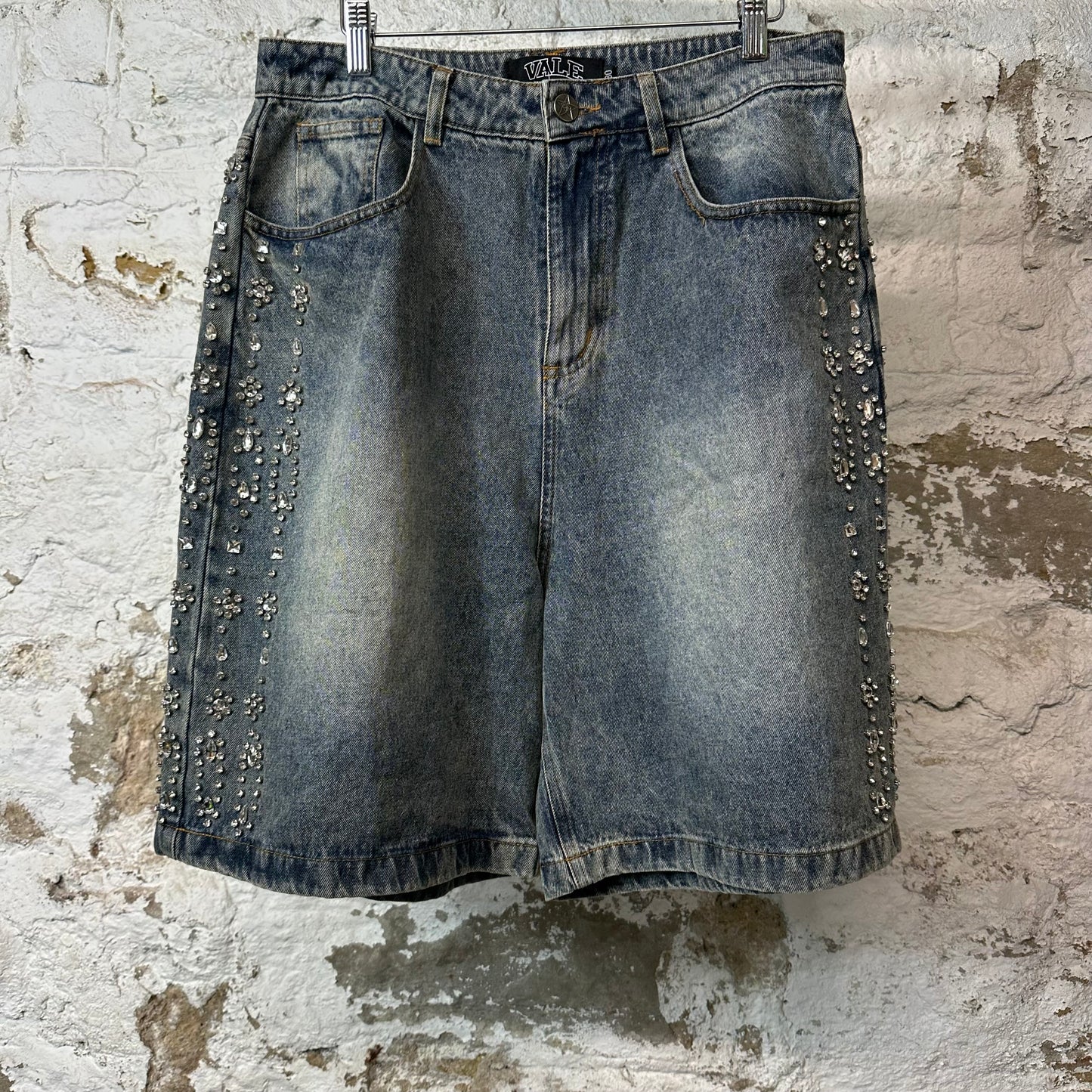 Vale Side Rhinestone Blue Denim Jean Shorts Sz 30