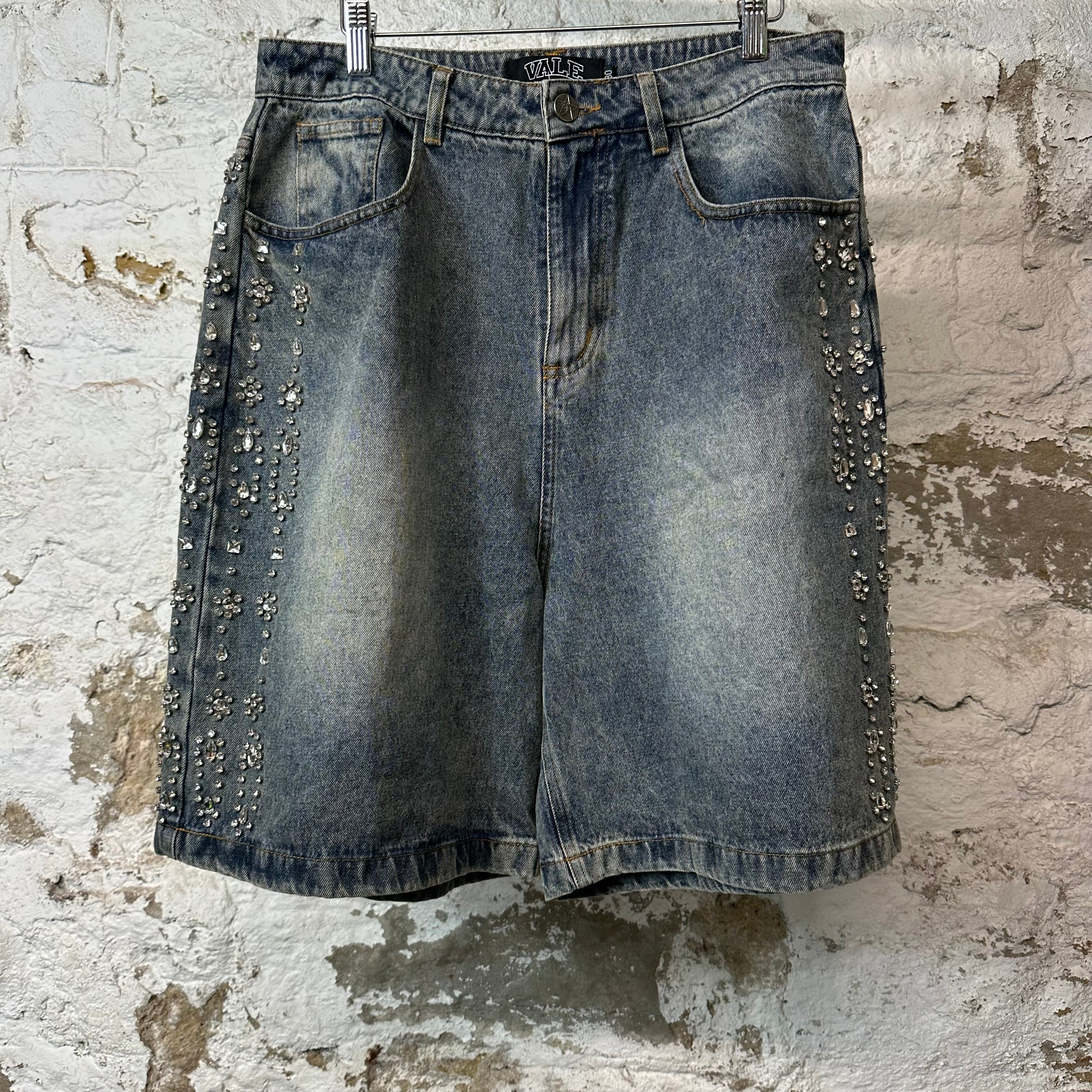 Vale Side Rhinestone Blue Denim Jean Shorts Sz 30