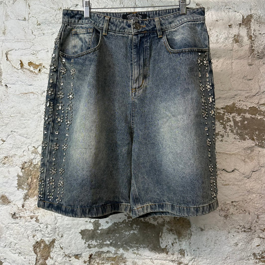 Vale Side Rhinestone Blue Denim Jean Shorts Sz 30