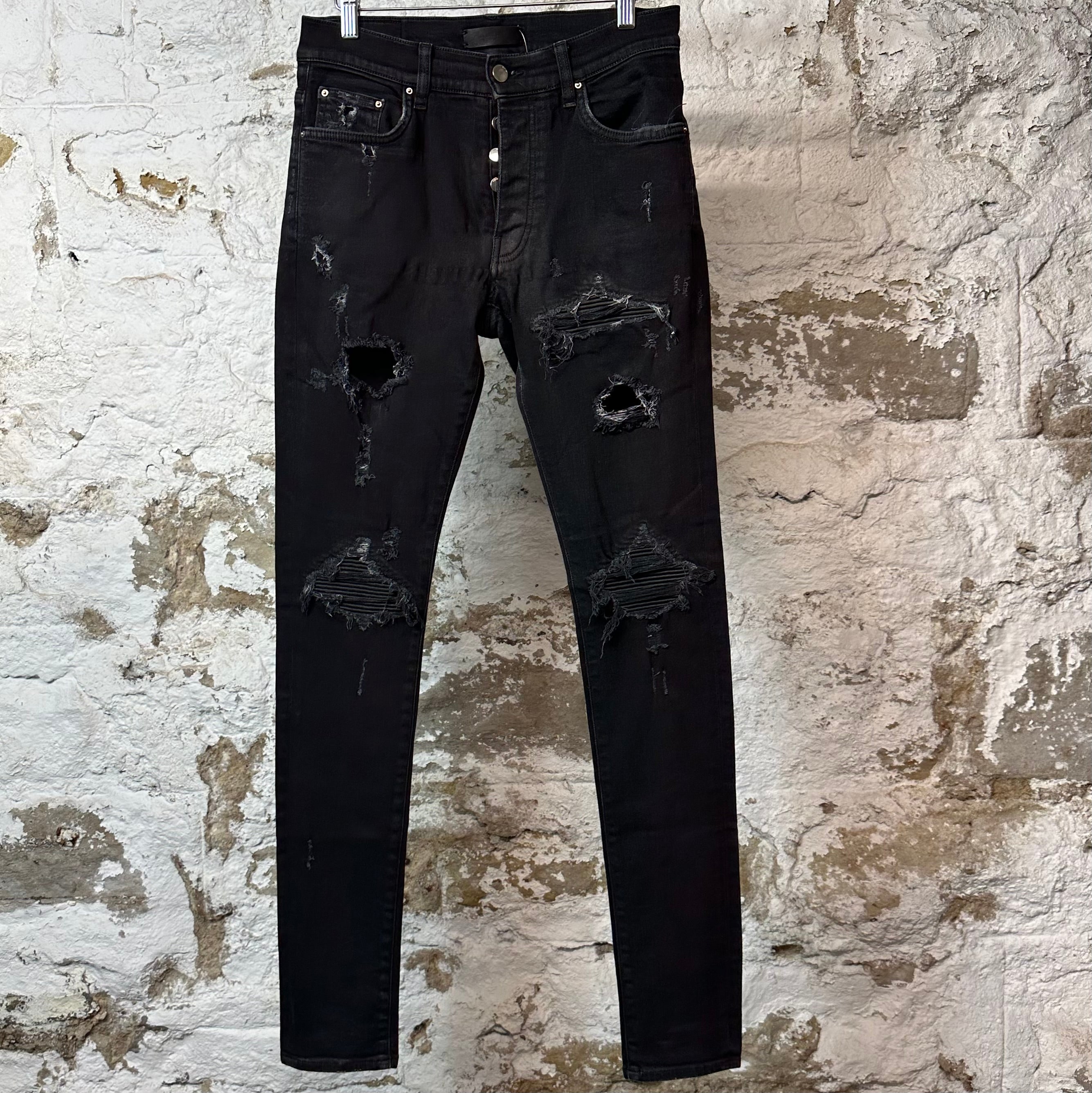Amiri MX1 Black Leather Black Waxed Denim Jeans Sz 30