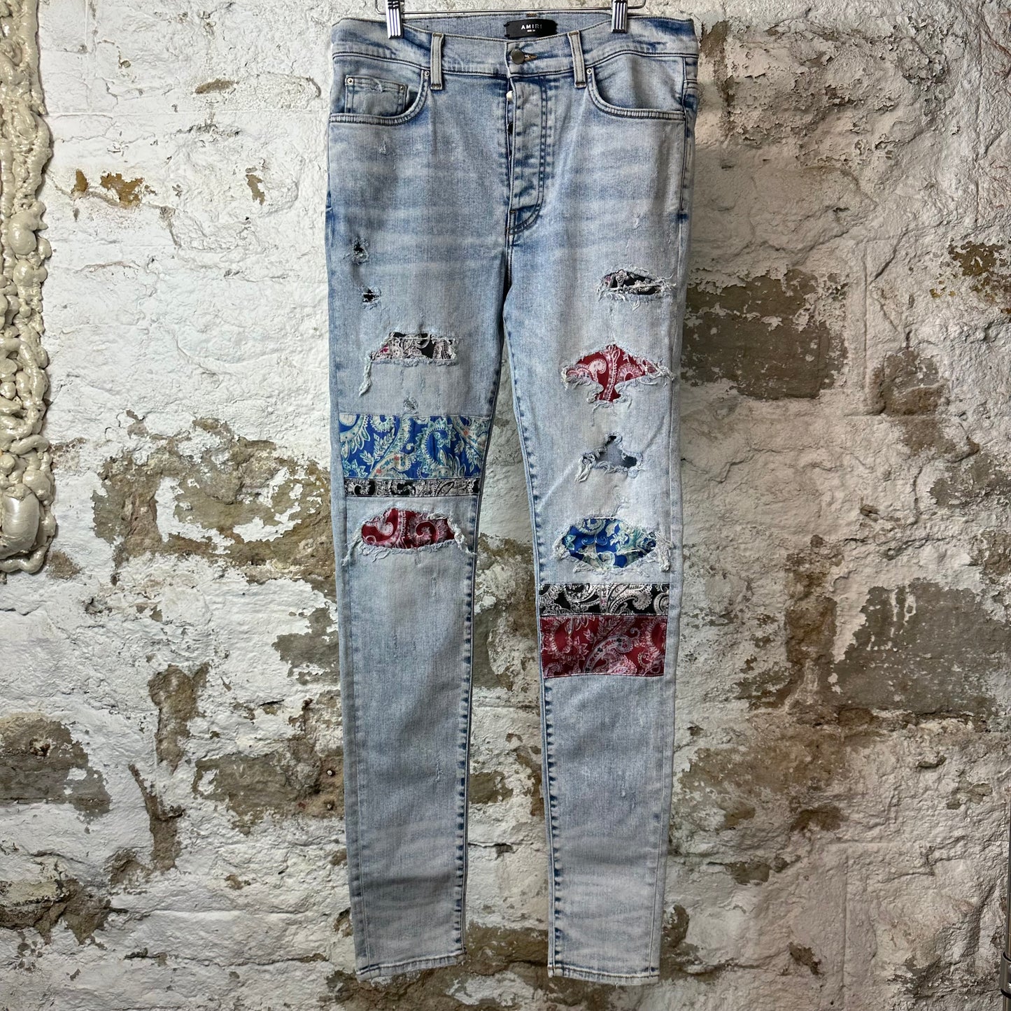 Amiri Multicolor Paisley Patches Washed Blue Denim Jeans Sz 34