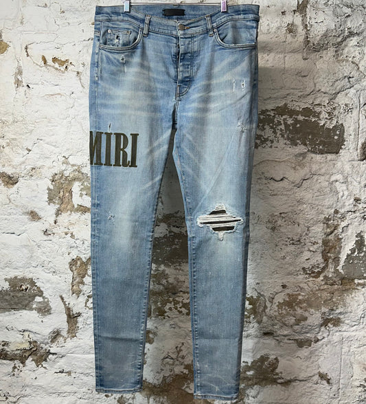 Amiri MX1 Camo Spell Blue Denim Jeans Sz 36