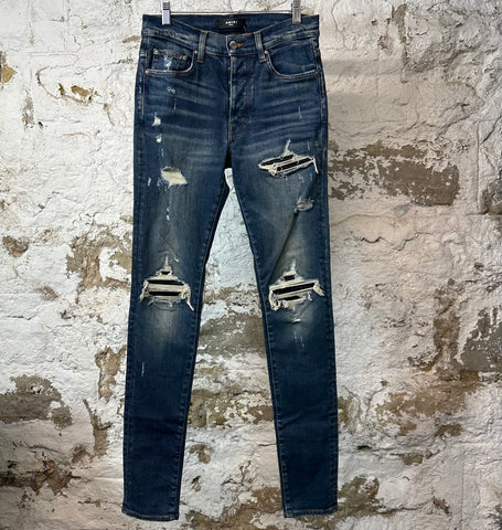 Amiri MX1 Black Leather Dark Blue Denim Jeans Sz 30