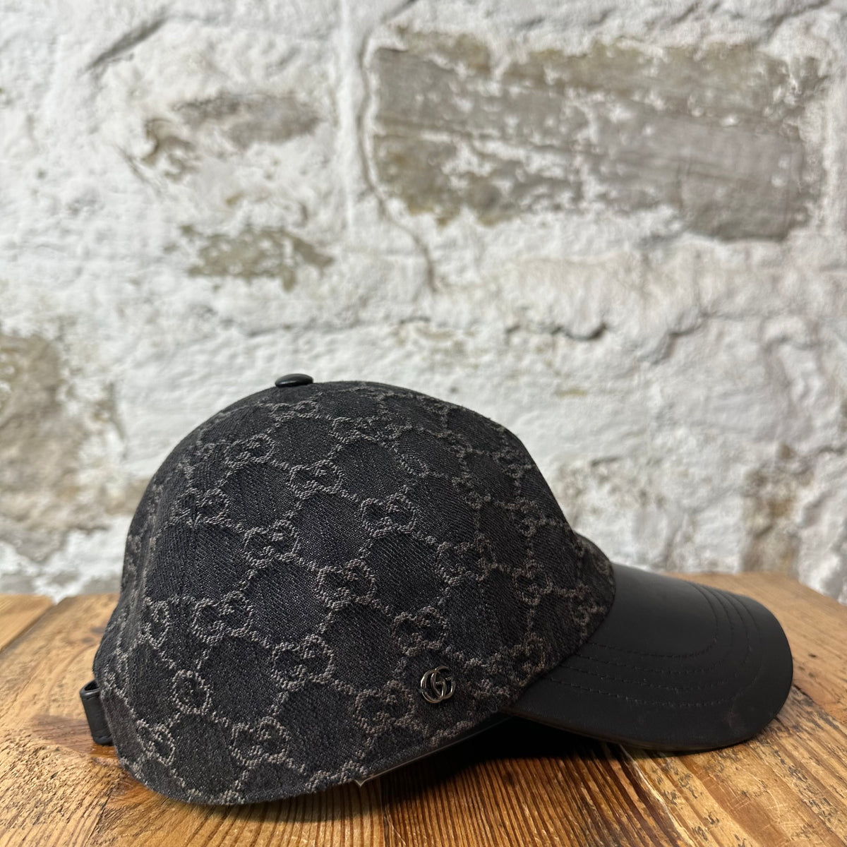 Gucci Black GG Monogram Denim Leather Hat Sz XL