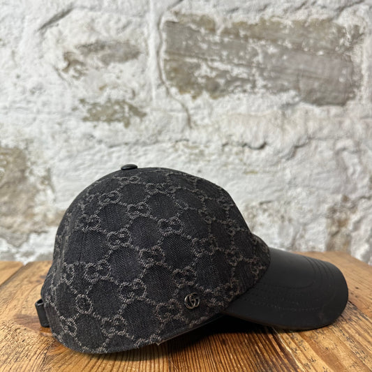Gucci Black GG Monogram Denim Leather Hat Sz XL