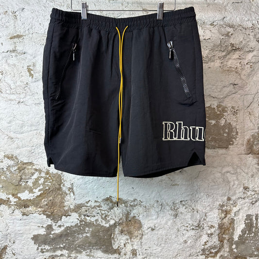 Rhude White Spellout Black Nylon Shorts Sz XL