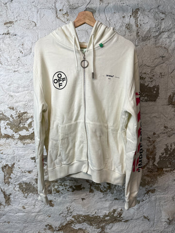 Off White Pink Sleeve Spell Cream Zip Hoodie Sz M