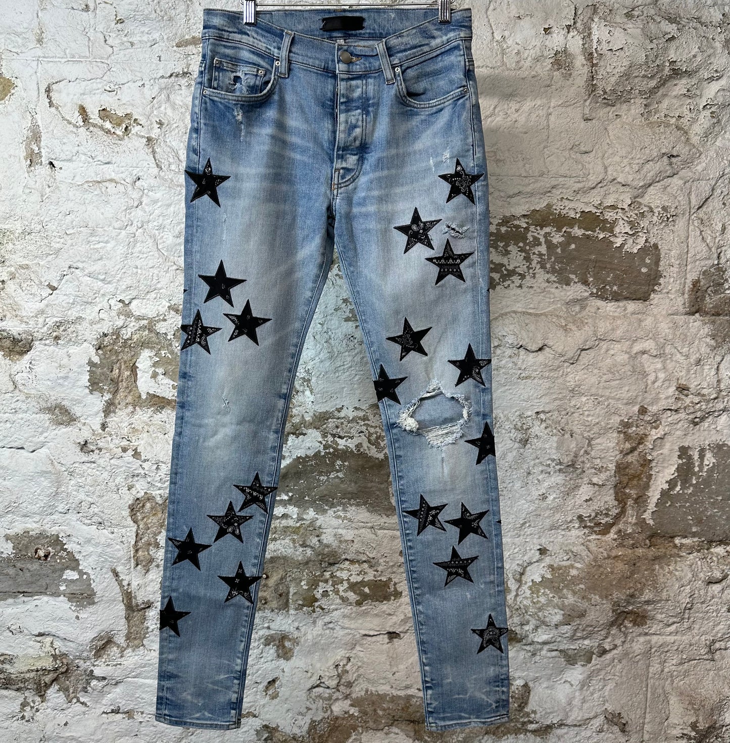 Amiri Knee Hole Black Paisley Star Blue Denim Jeans Sz 30