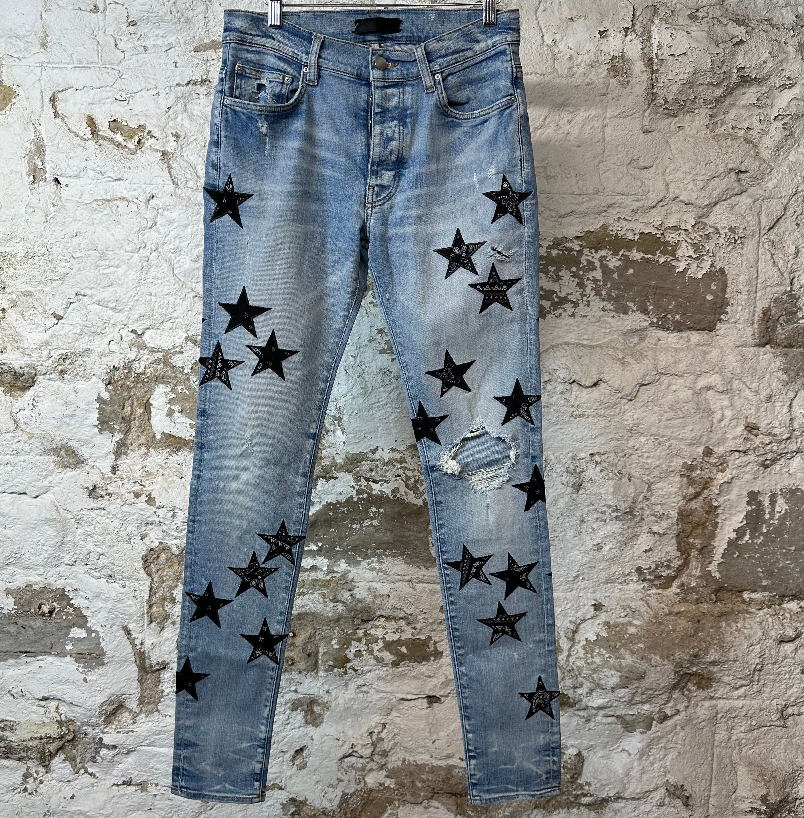 Amiri Knee Hole Black Paisley Star Blue Denim Jeans Sz 30