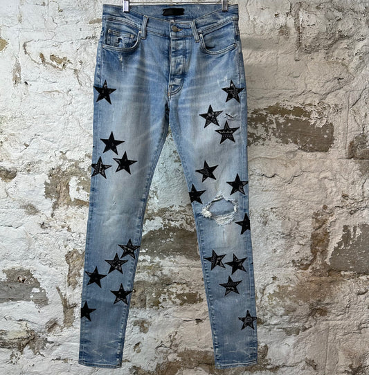 Amiri Knee Hole Black Paisley Star Blue Denim Jeans Sz 30