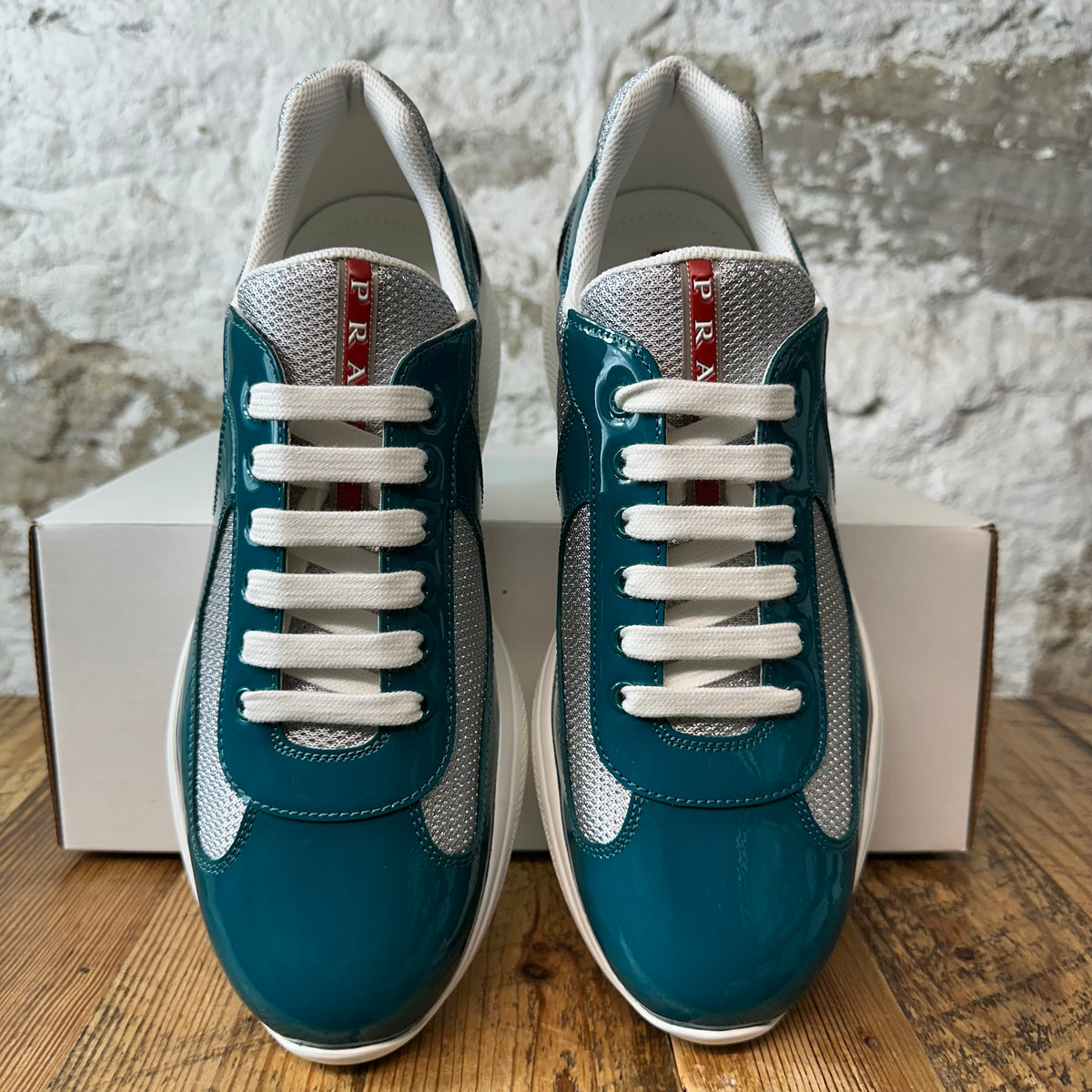 Prada Americas Cup Lagoon Patent Grey White Sneaker Sz 9 DS