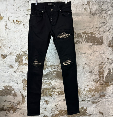 Amiri MX1 Tan Leather Black Denim Jeans Sz 29