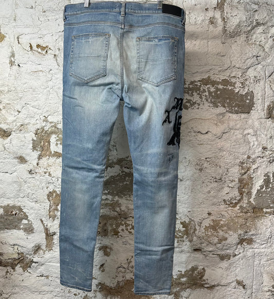 Amiri Embroidered Reaper Logo Blue Denim Jeans Sz 38