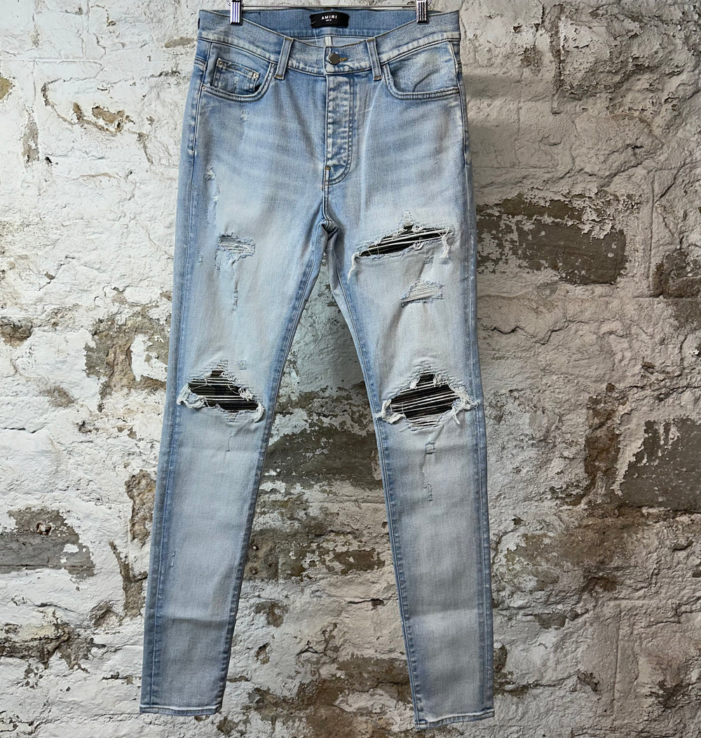 Amiri MX1 Camo Patch Light Blue Denim Jeans Sz 32