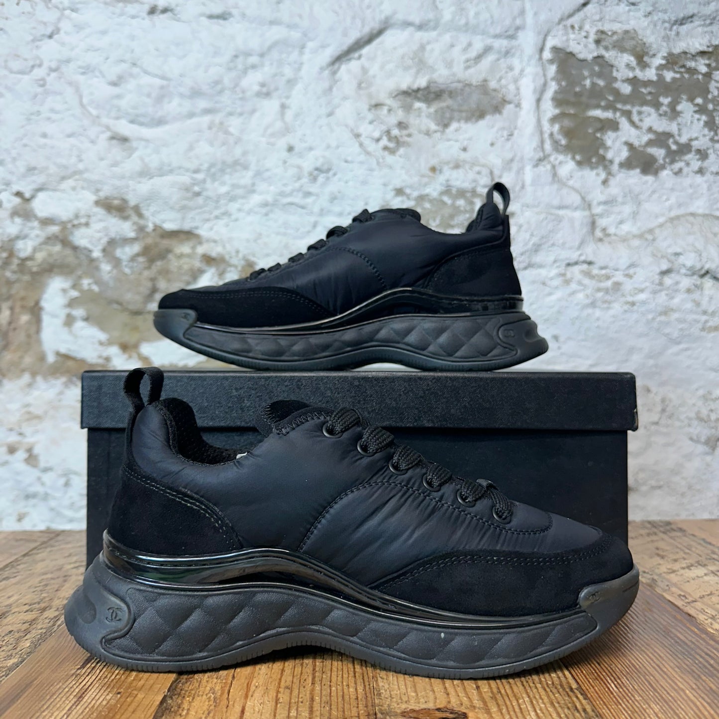 Chanel Triple Black Nylon Suede Trainer Sneaker Sz 4.5 (36.5)