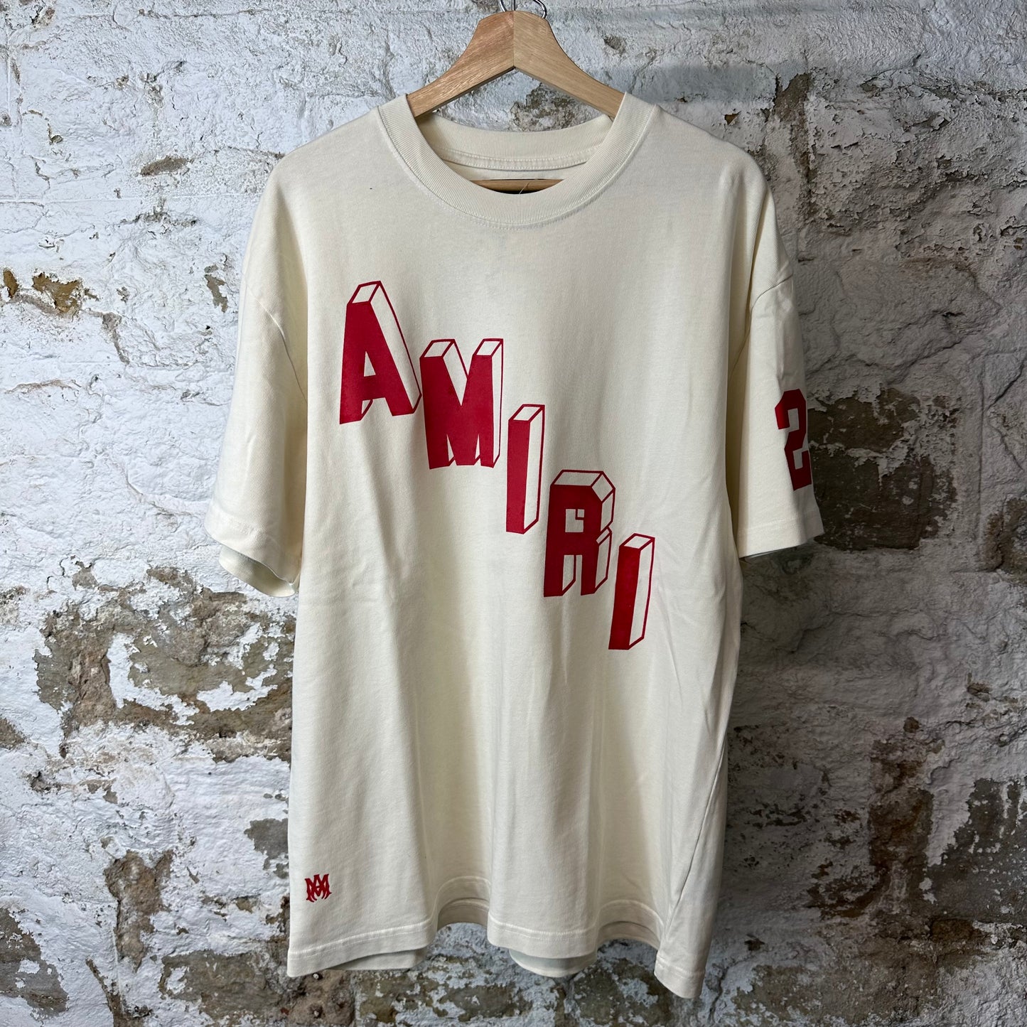 Amiri Red Velour Flocked Spell Cream T-Shirt Sz L