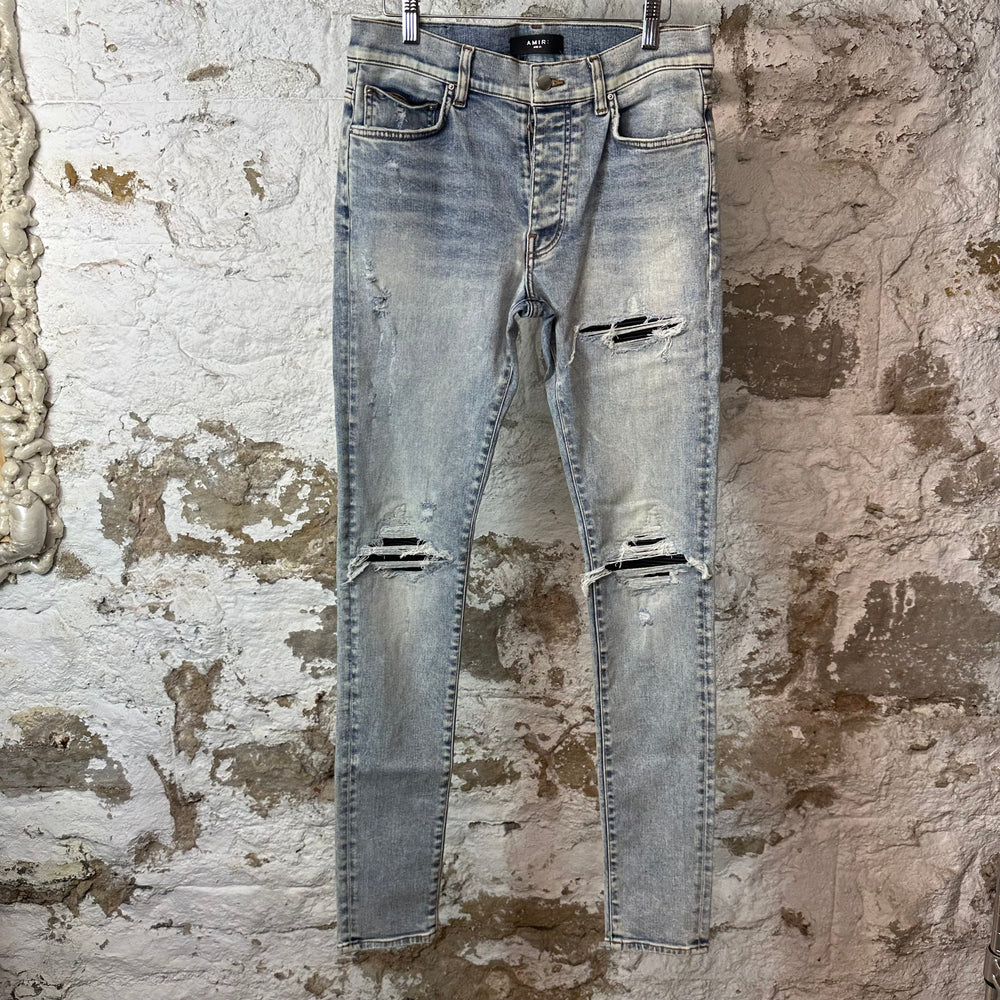 Amiri MX1 Black Leather Washed Blue Denim Jeans Sz 31