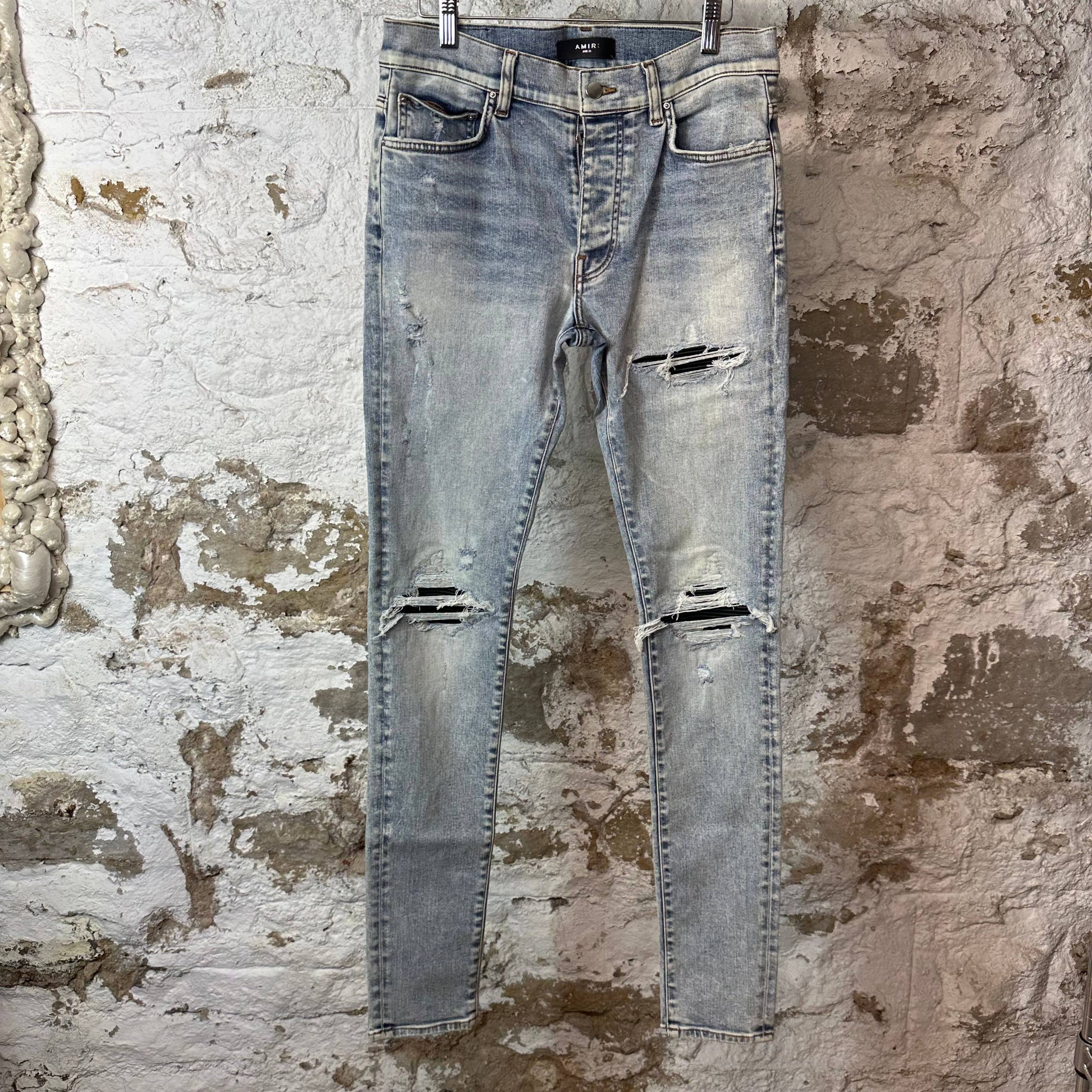 Amiri MX1 Black Leather Washed Blue Denim Jeans Sz 31
