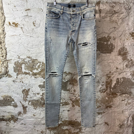 Amiri MX1 Black Leather Washed Blue Denim Jeans Sz 31