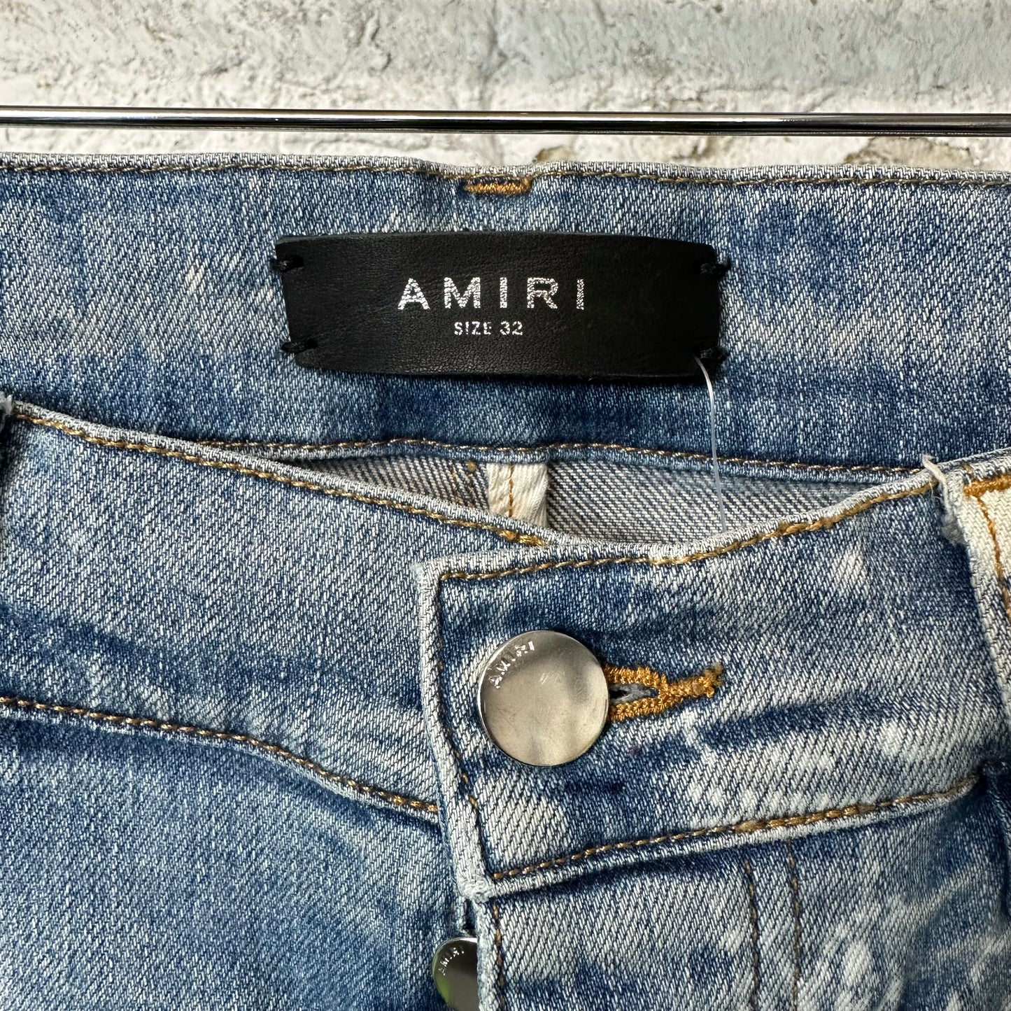 Amiri Knee Hole White Paisley Print Blue Denim Jeans Sz 32