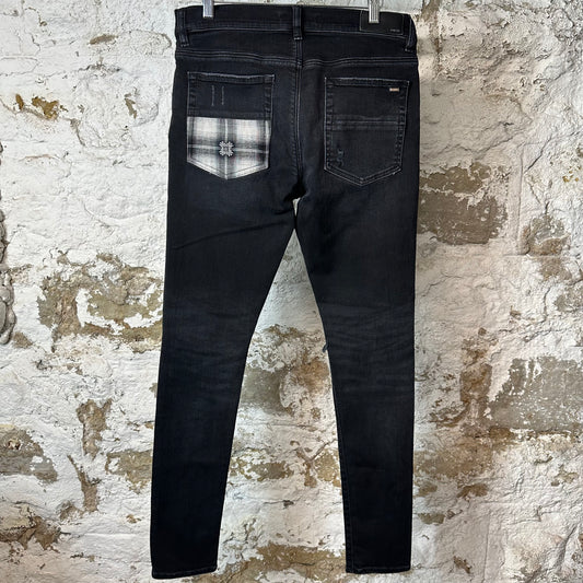 Amiri MX1 Black White Flannel Black Denim Jeans Sz 32