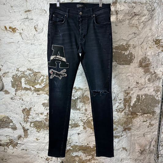 Amiri Varsity Patch Black Denim Jeans Sz 32