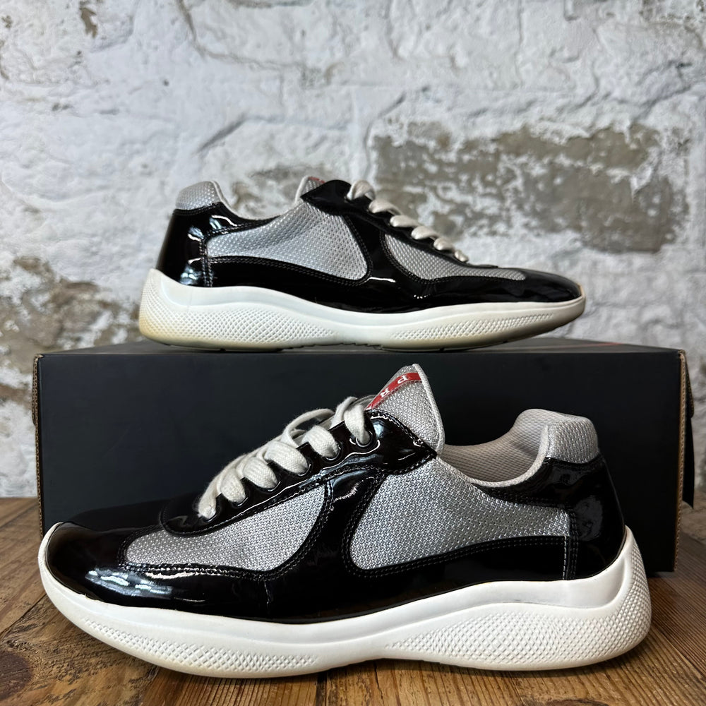 Prada Americas Cup Black Patent Grey White Sneaker Sz 8