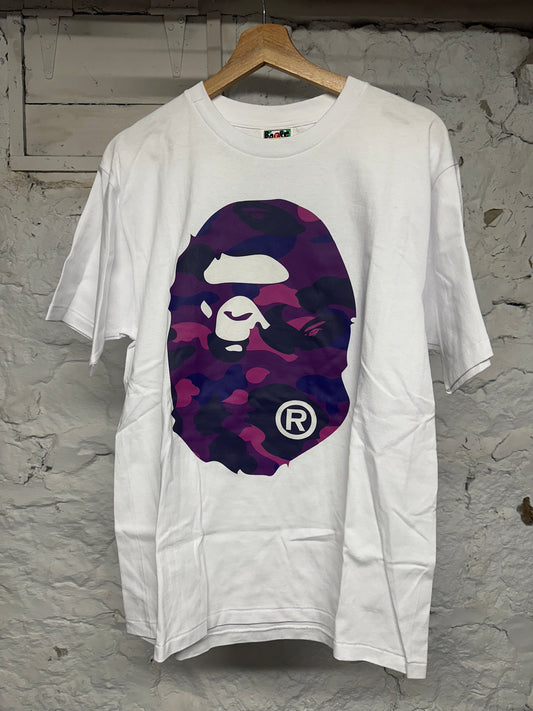 Bape Big Purple Camo Ape Head White T-Shirt Sz L DS