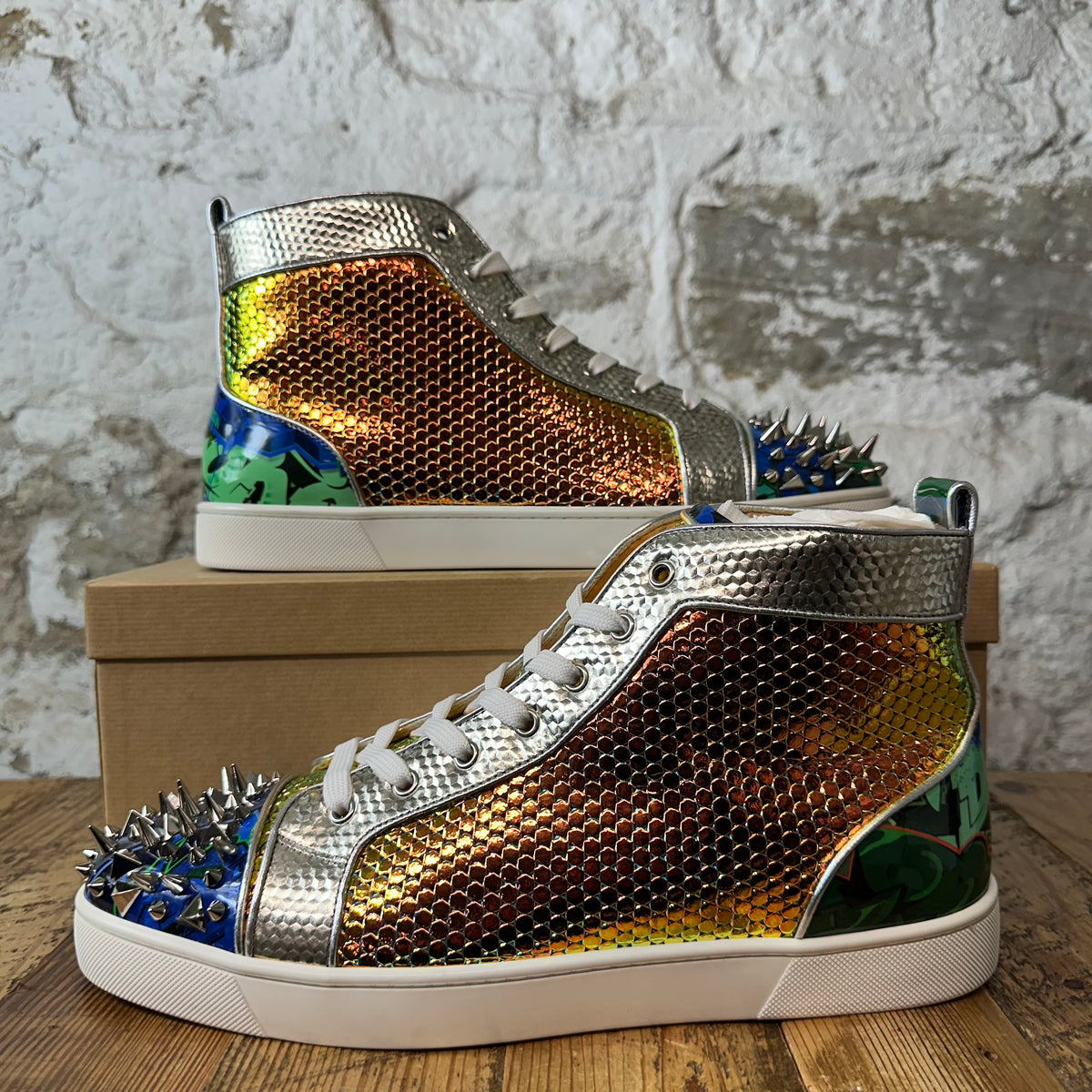Christian Louboutin High Multicolor Holographic Spike Sneaker Sz 14 (47)