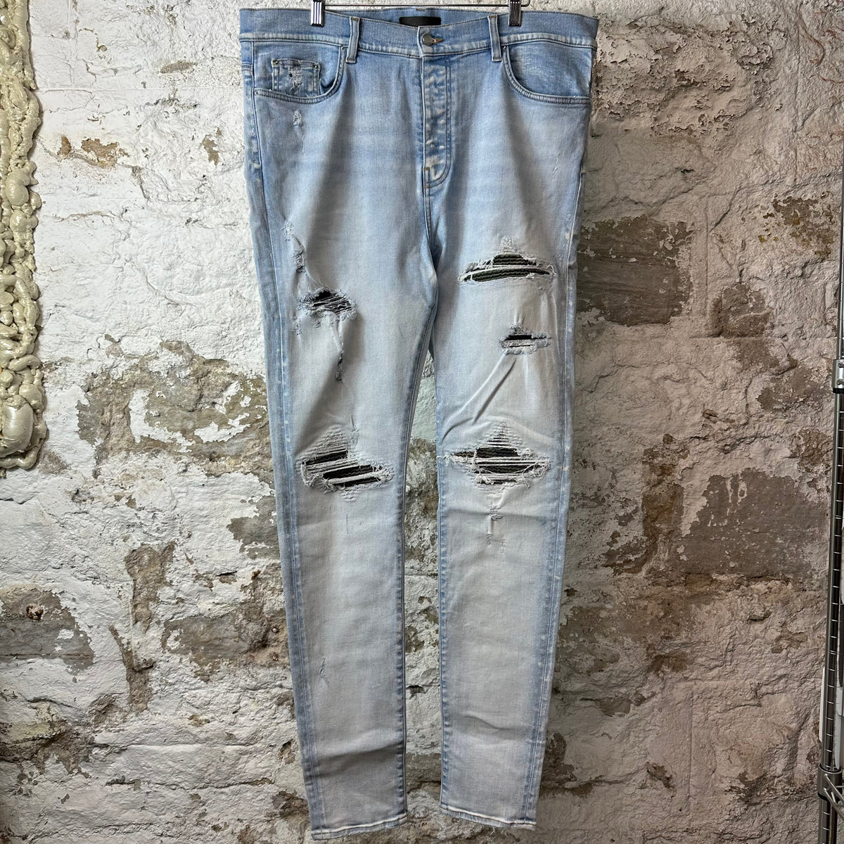 Amiri MX1 Camo Patch Light Blue Denim Jeans Sz 40