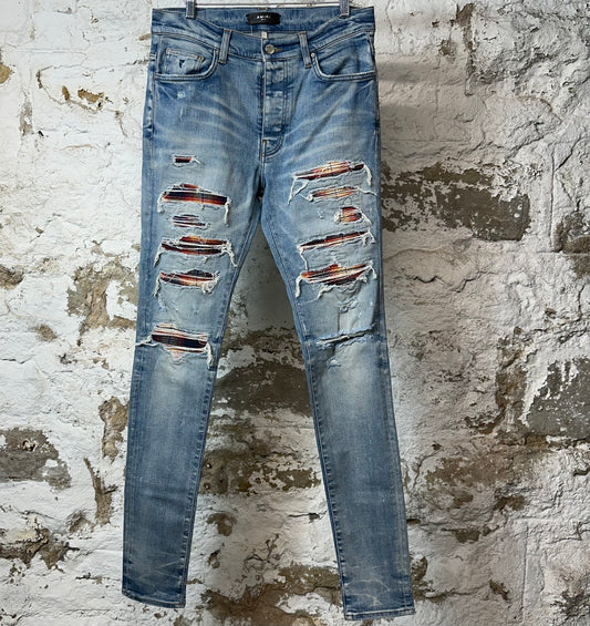 Amiri MX1 Multicolor Flannel Blue Denim Jeans Sz 31