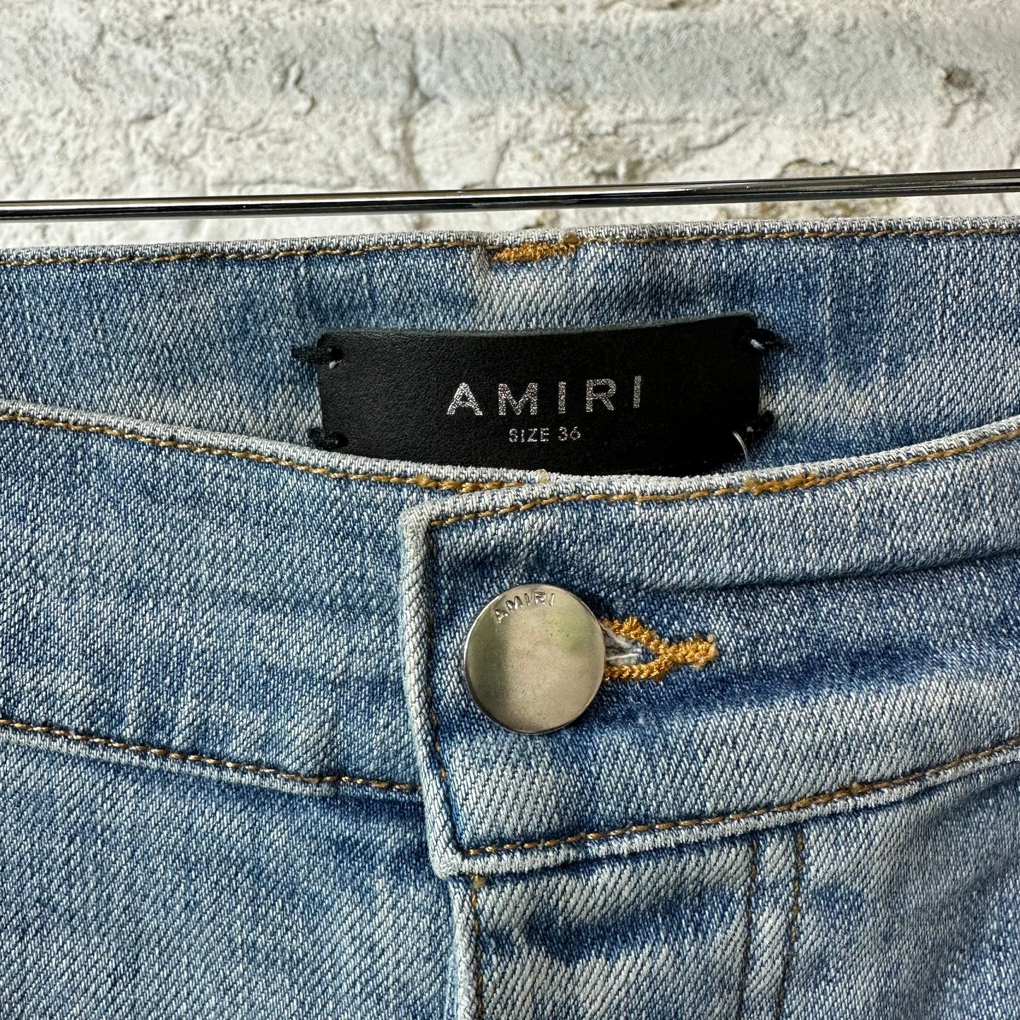 Amiri MX1 Orange Paisley Patches Blue Denim Jeans Sz 36