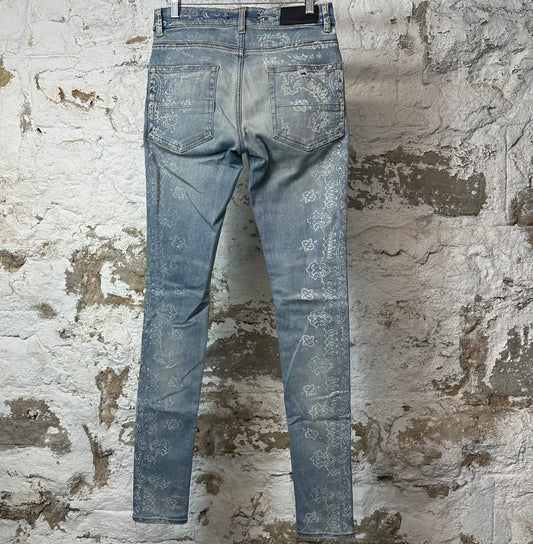 Amiri Knee Rip White Paisley Print Blue Denim Jeans Sz 28