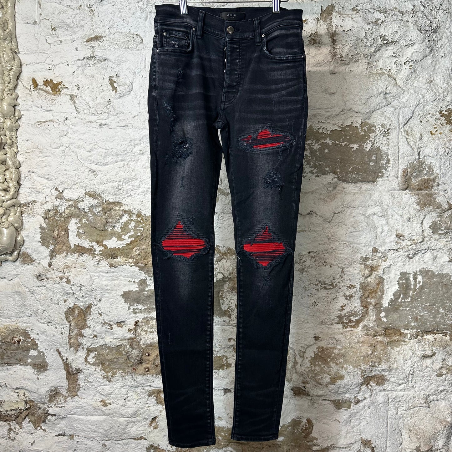 Amiri MX1 Red Suede Black Denim Jeans Sz 29